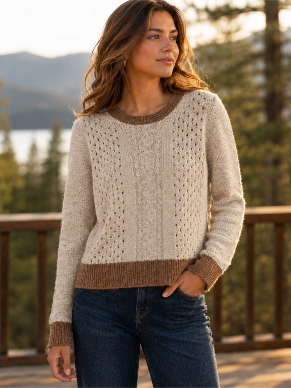 Orvis Baby Alpaca Merino Wool Cable Knit Pointelle Sweater XL Peru